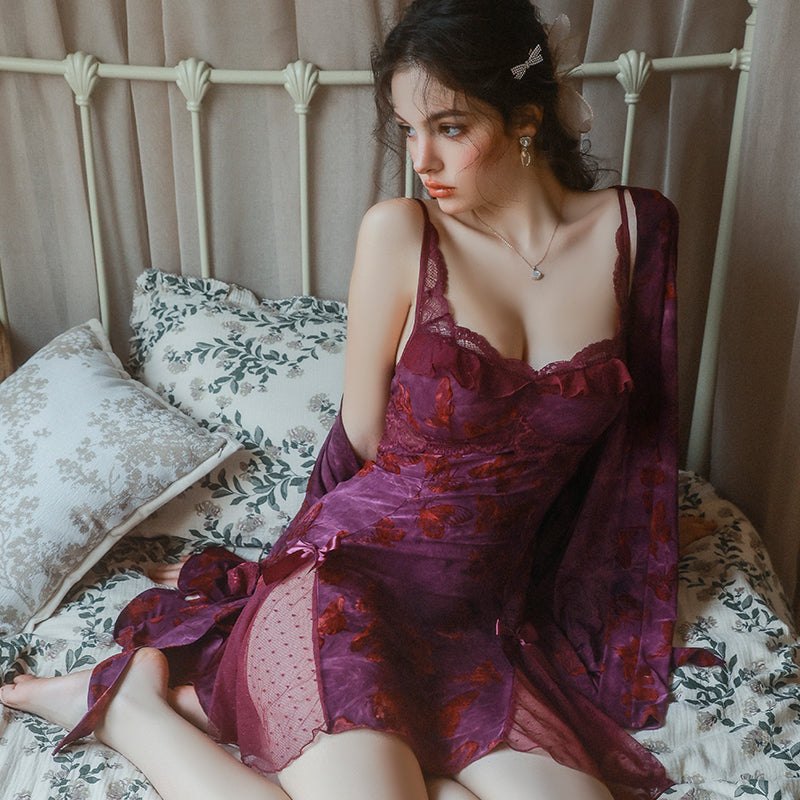 Silk Butterfly Print Nightgown - Sexy Sleepwear for Women