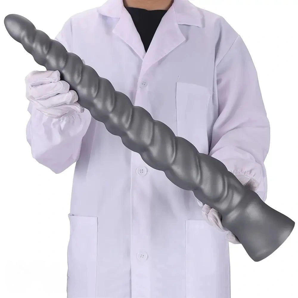 Silver Ribbed Spiral Dildo - Giant Silicone Dildo