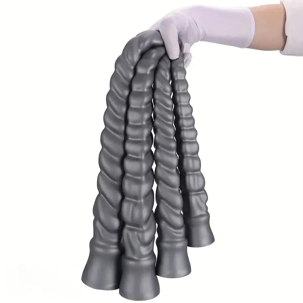 Silver Ribbed Spiral Dildo - Giant Silicone Dildo