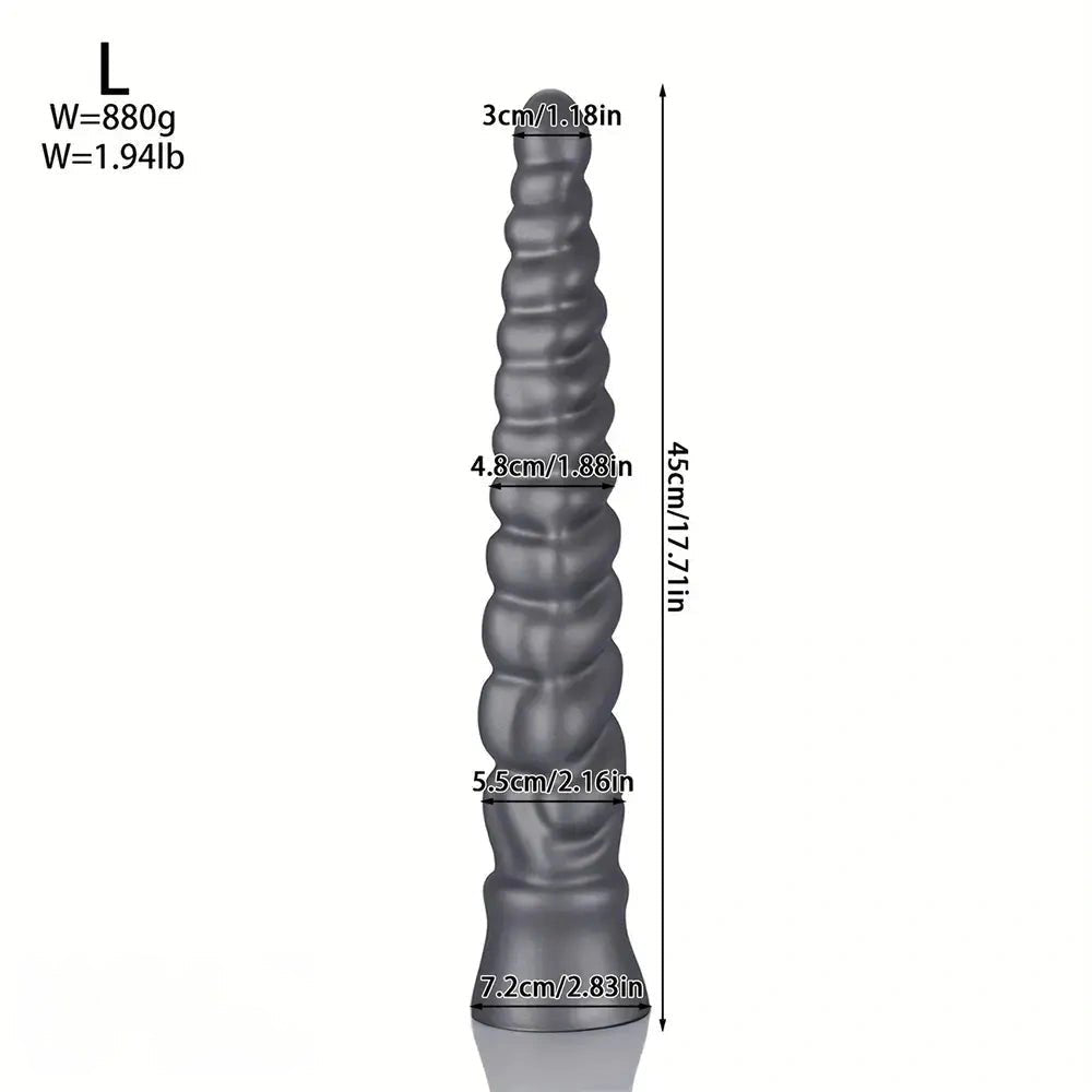 Silver Ribbed Spiral Dildo - Giant Silicone Dildo