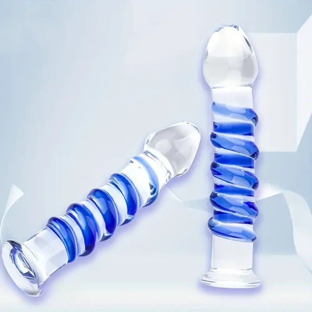 Spiral Glass Dildo - Blue Spiral Glass Dildo 7 in