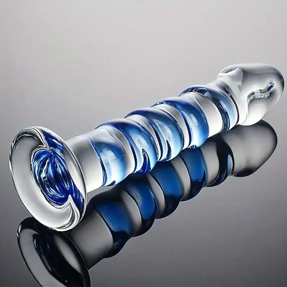 Spiral Glass Dildo - Blue Spiral Glass Dildo 7 in