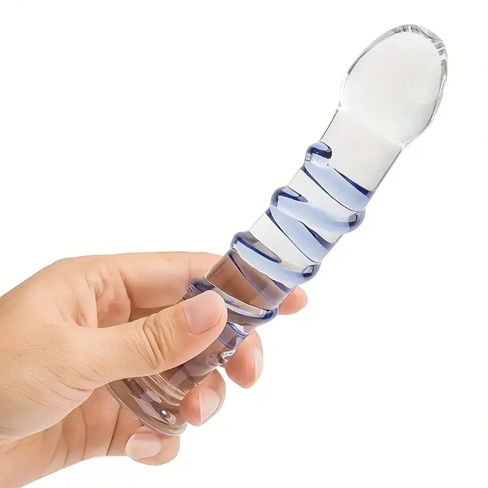 Spiral Glass Dildo - Blue Spiral Glass Dildo 7 in