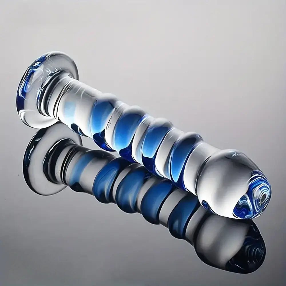 Spiral Glass Dildo - Blue Spiral Glass Dildo 7 in