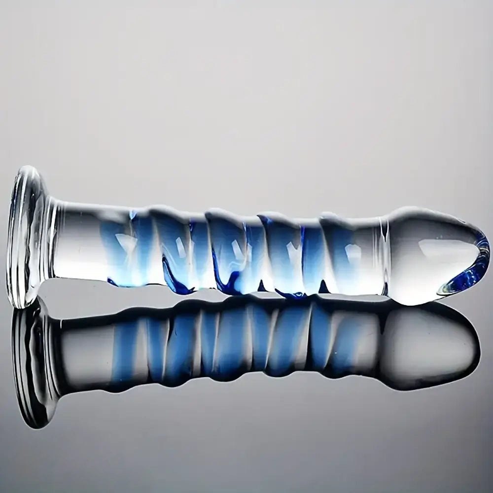 Spiral Glass Dildo - Blue Spiral Glass Dildo 7 in