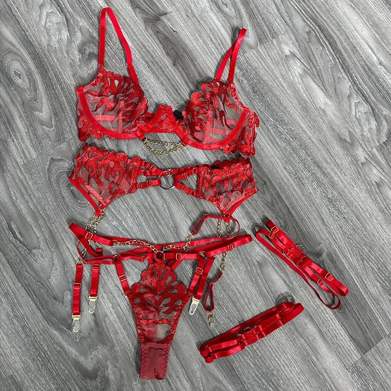 Strappy Cage Lace Chain Set - Bra and Panty Set