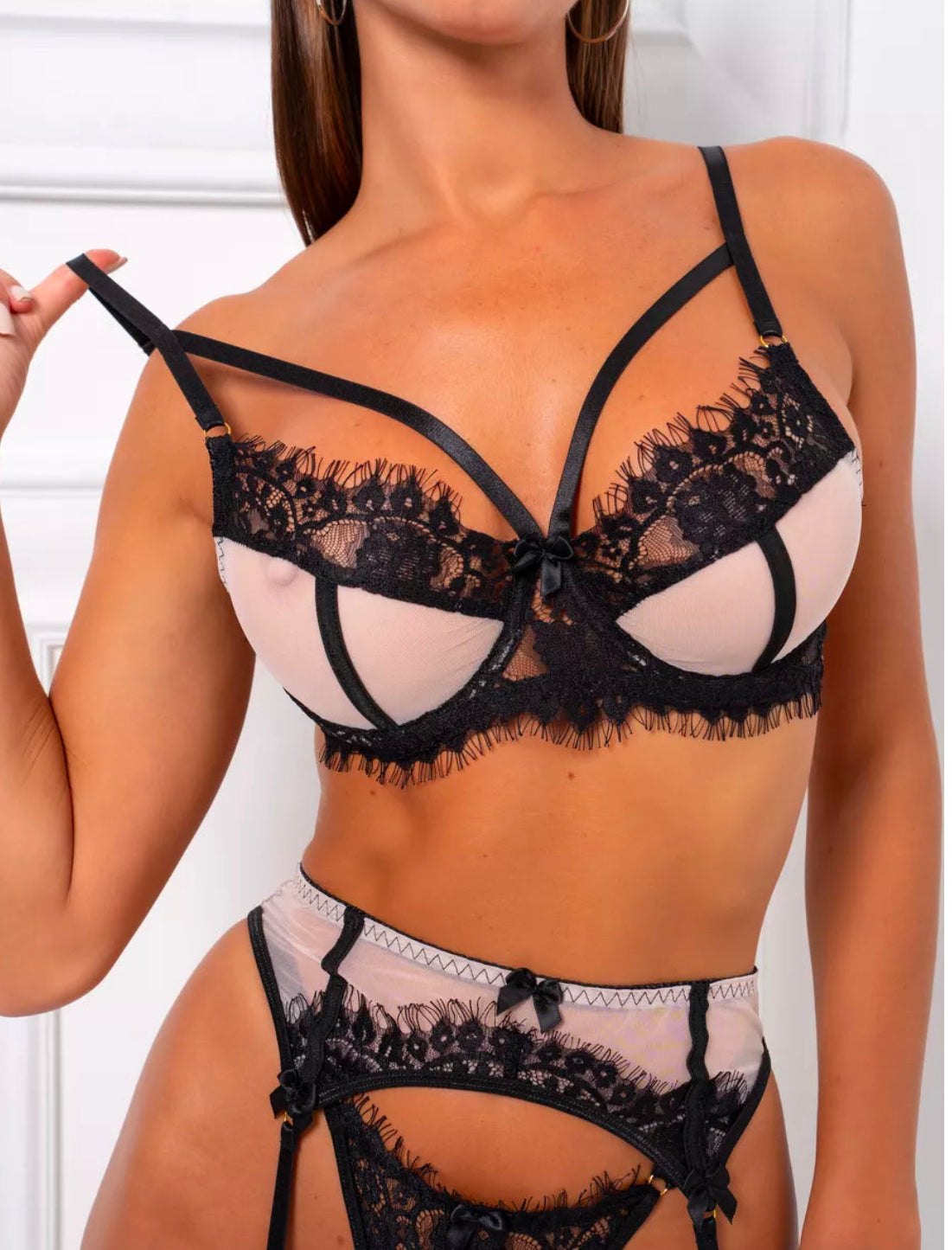 Strappy Cage Lace Garter Set - Garter Lingerie Set