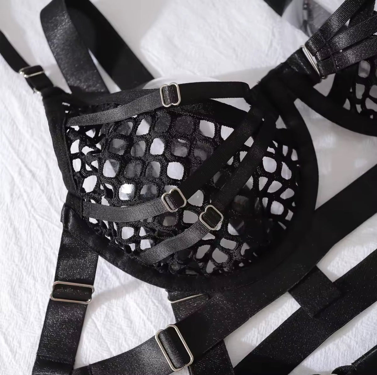 Strappy Cutout Mesh Garter Set - Garter Lingerie Set