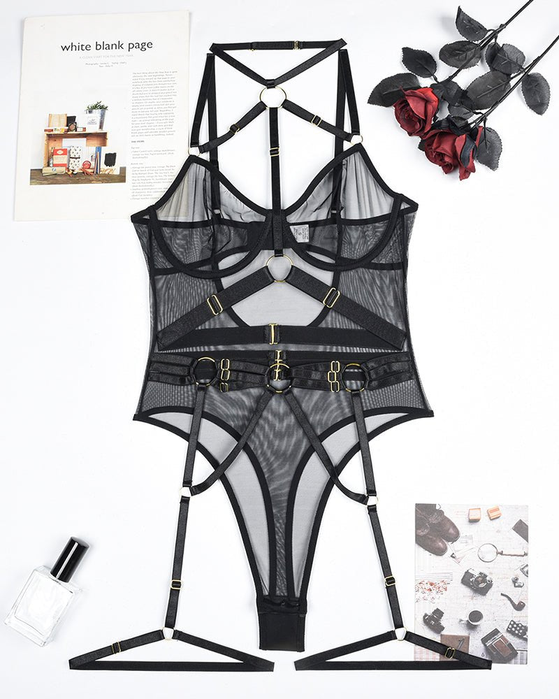 Strappy Mesh Bodysuit With Ring - Lingerie Bodysuit for Women