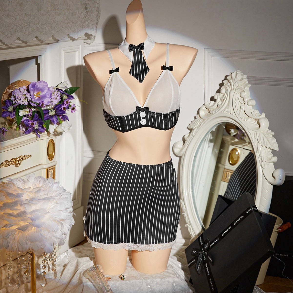 Striped Bow Teacher Roleplay Set - Lingerie Costume for Women