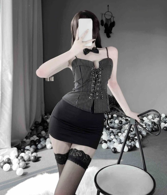 Striped Lace Trim Corset - Bustier Lingerie Top
