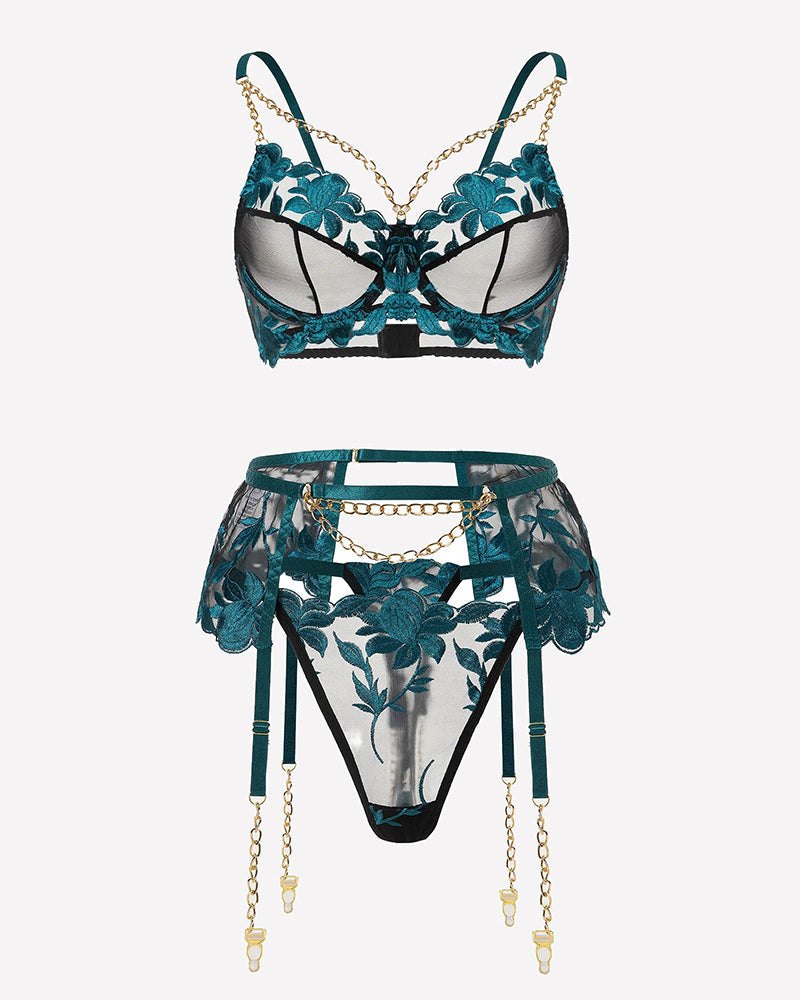 Floral Lace Garter Bra Set - Lingerie Set for Women