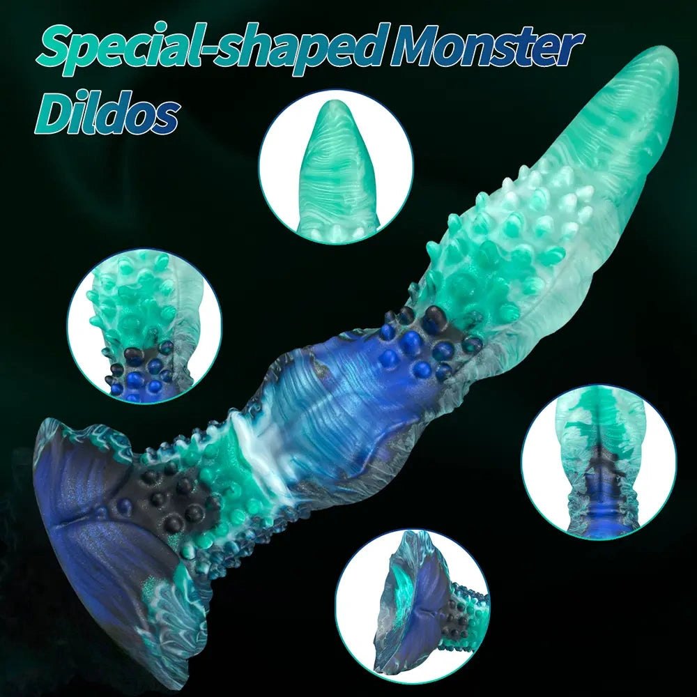 Teal Spiked Fantasy Dildo - Textured Monster Dildo 10 in