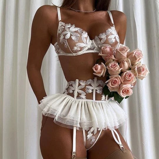 Three Piece Embroidered Lingerie Set - Sheer Lace Garter Set