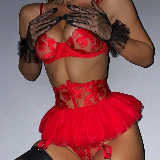 Three Piece Embroidered Lingerie Set - Sheer Lace Garter Set