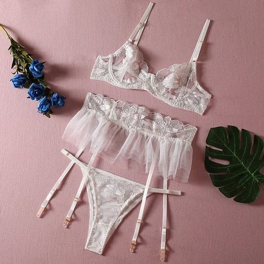 Three Piece Embroidered Lingerie Set - Sheer Lace Garter Set
