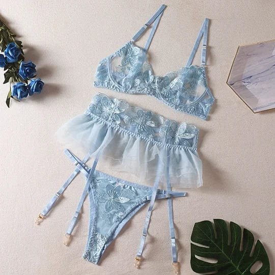 Three Piece Embroidered Lingerie Set - Sheer Lace Garter Set