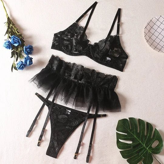 Three Piece Embroidered Lingerie Set - Sheer Lace Garter Set