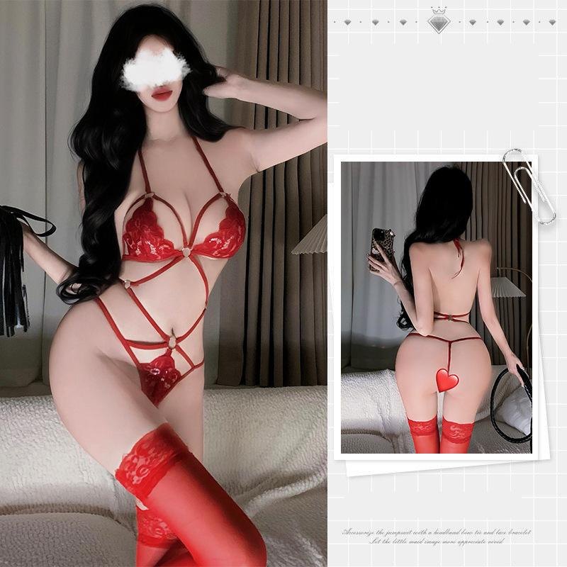 Three-Point Open Crotch Lace Set - Bra and Panty Set