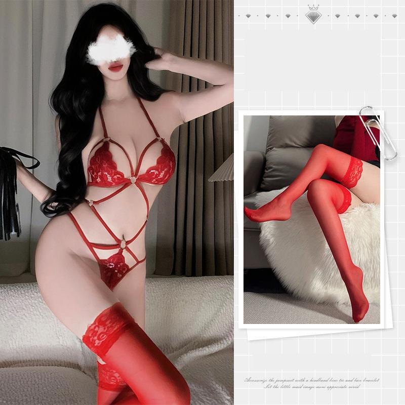 Three-Point Open Crotch Lace Set - Bra and Panty Set