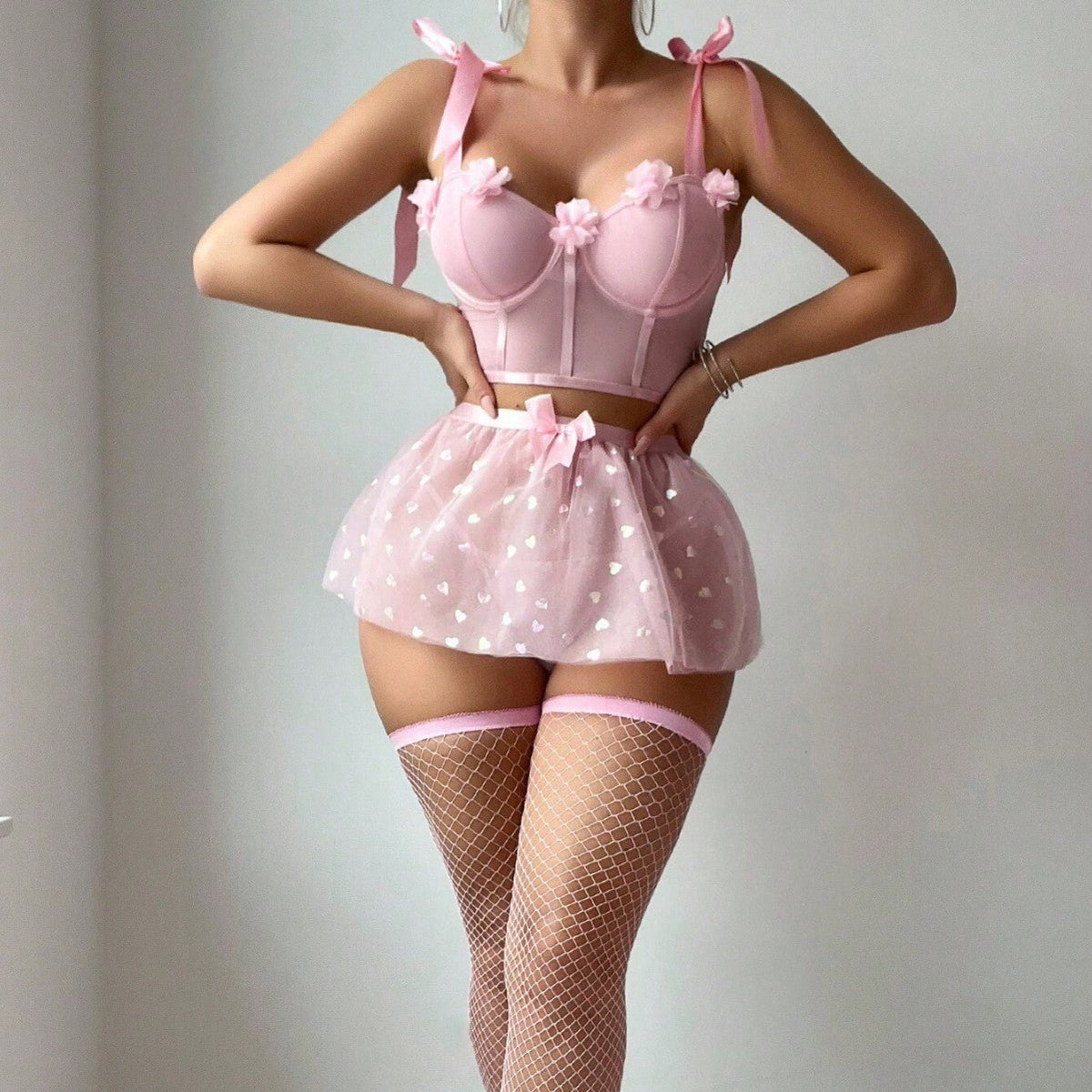 Tulle Sequin Bow Bra Skirt Set - Lingerie Set for Women