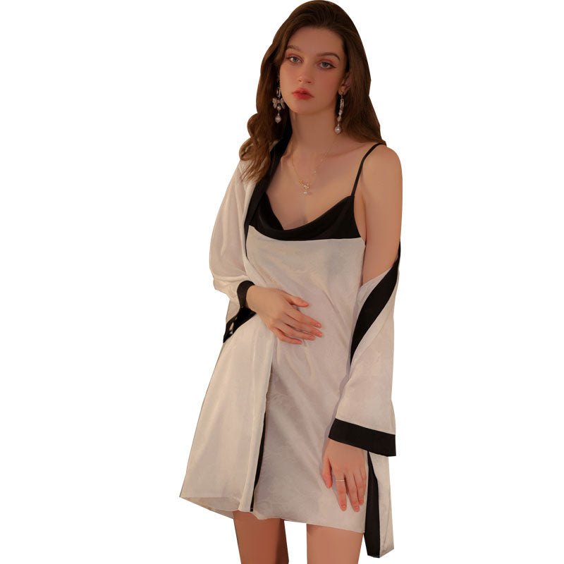 V-Neck Embroidered Camisole Robe Set - Sexy Lingerie Robe