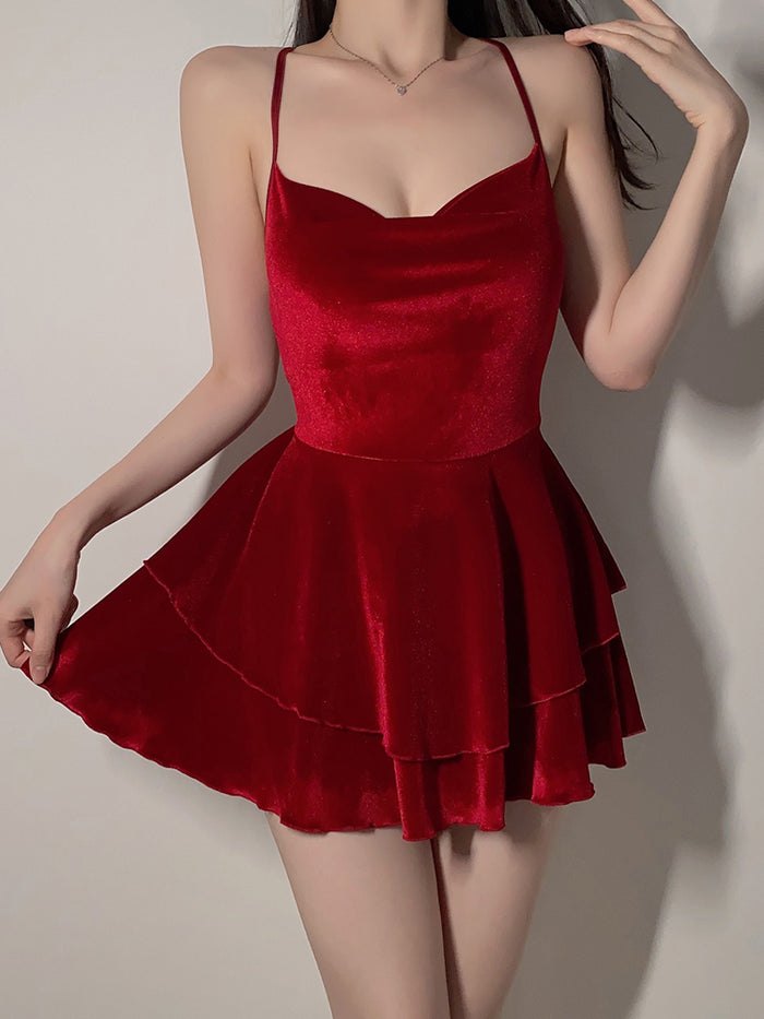 Velvet Backless Ruffle Nightdress - Sexy Lingerie Dress