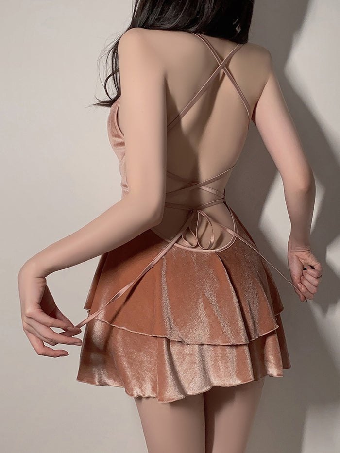 Velvet Backless Ruffle Nightdress - Sexy Lingerie Dress