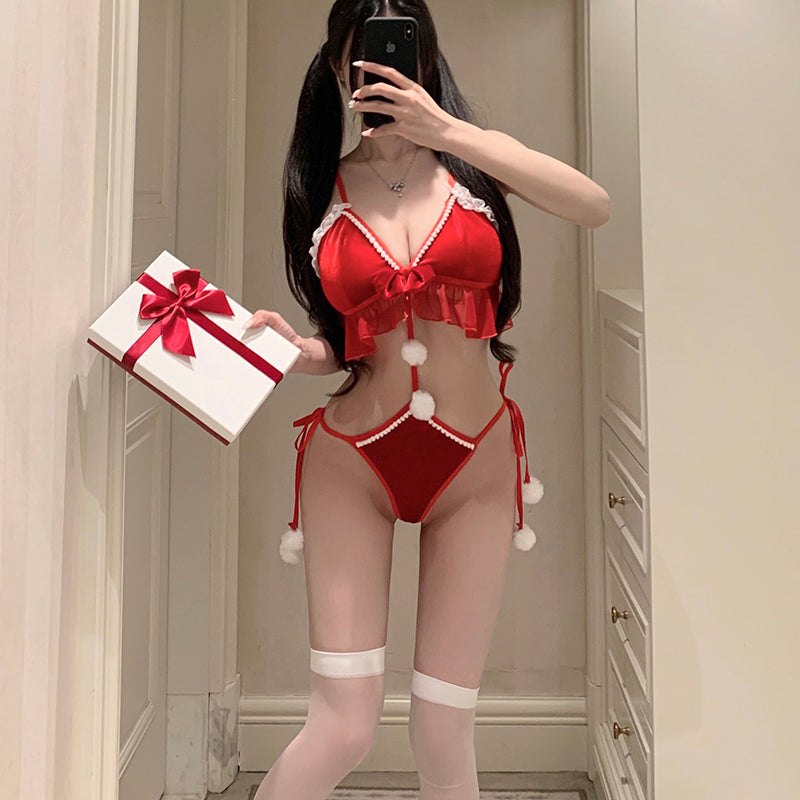 Velvet Lace Pom Pom Bra Set - Lingerie Set for Women