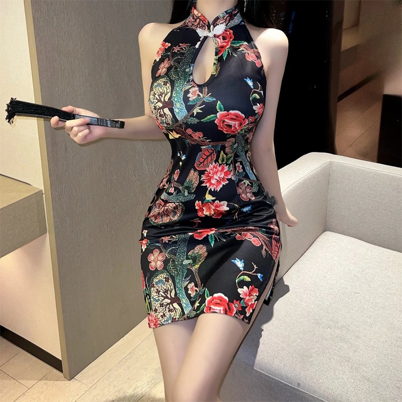 Vintage Print Split Cheongsam Dress - Sexy Babydoll Lingerie