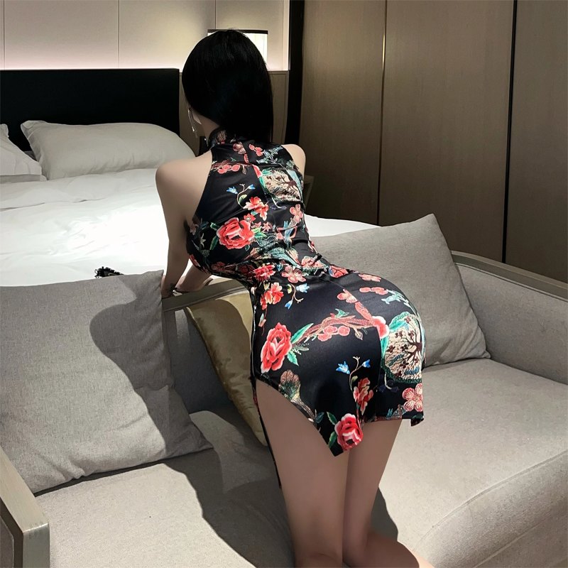 Vintage Print Split Cheongsam Dress - Sexy Babydoll Lingerie