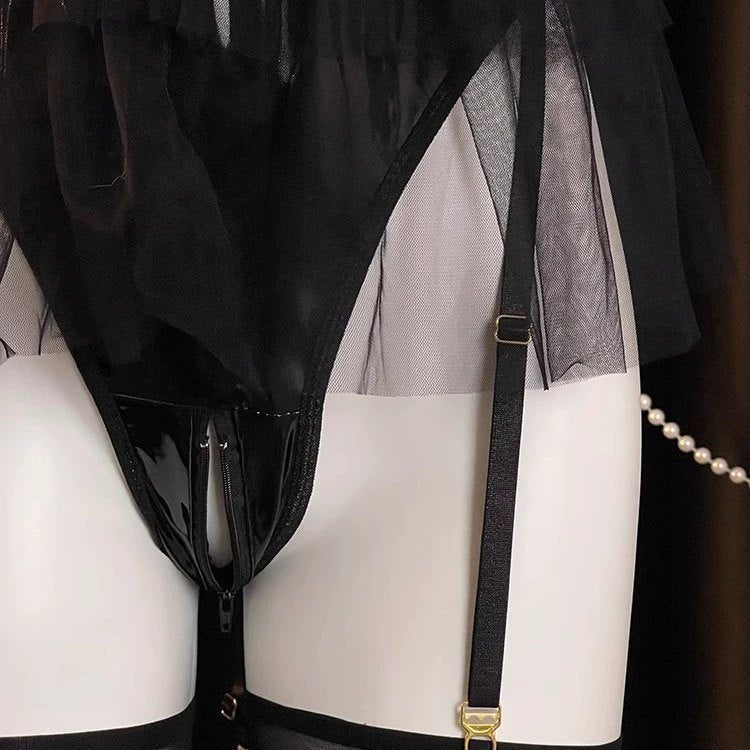 Wet Look Halter Garter Bodysuit - Lingerie Bodysuit for Women