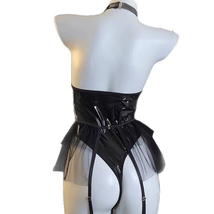 Wet Look Halter Garter Bodysuit - Lingerie Bodysuit for Women
