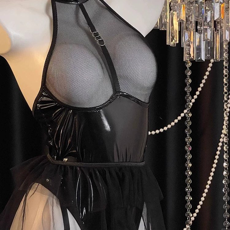 Wet Look Halter Garter Bodysuit - Lingerie Bodysuit for Women