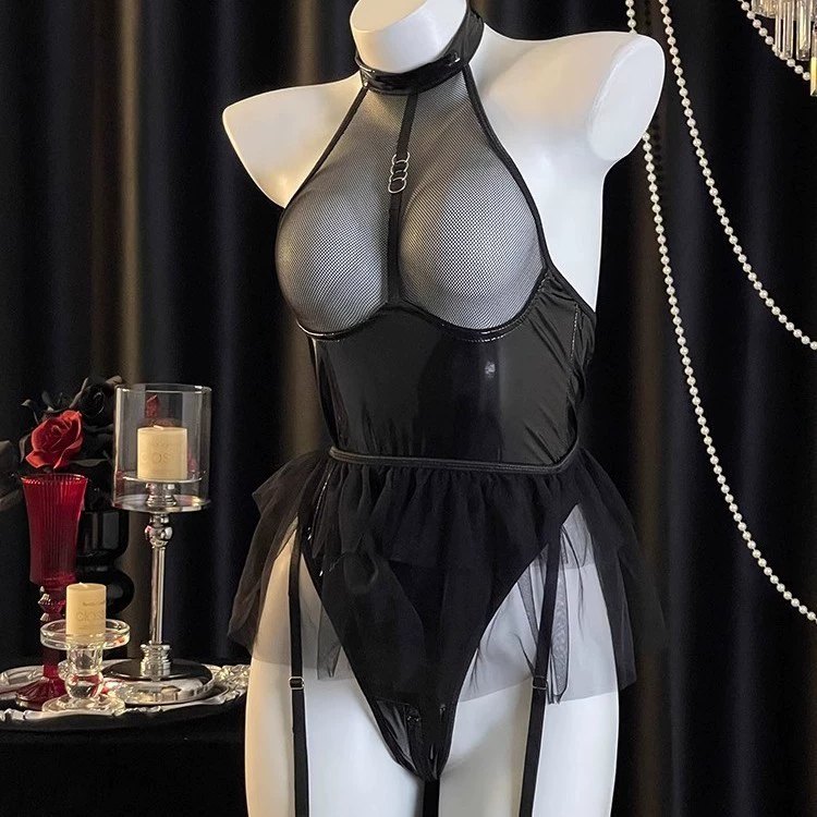 Wet Look Halter Garter Bodysuit - Lingerie Bodysuit for Women