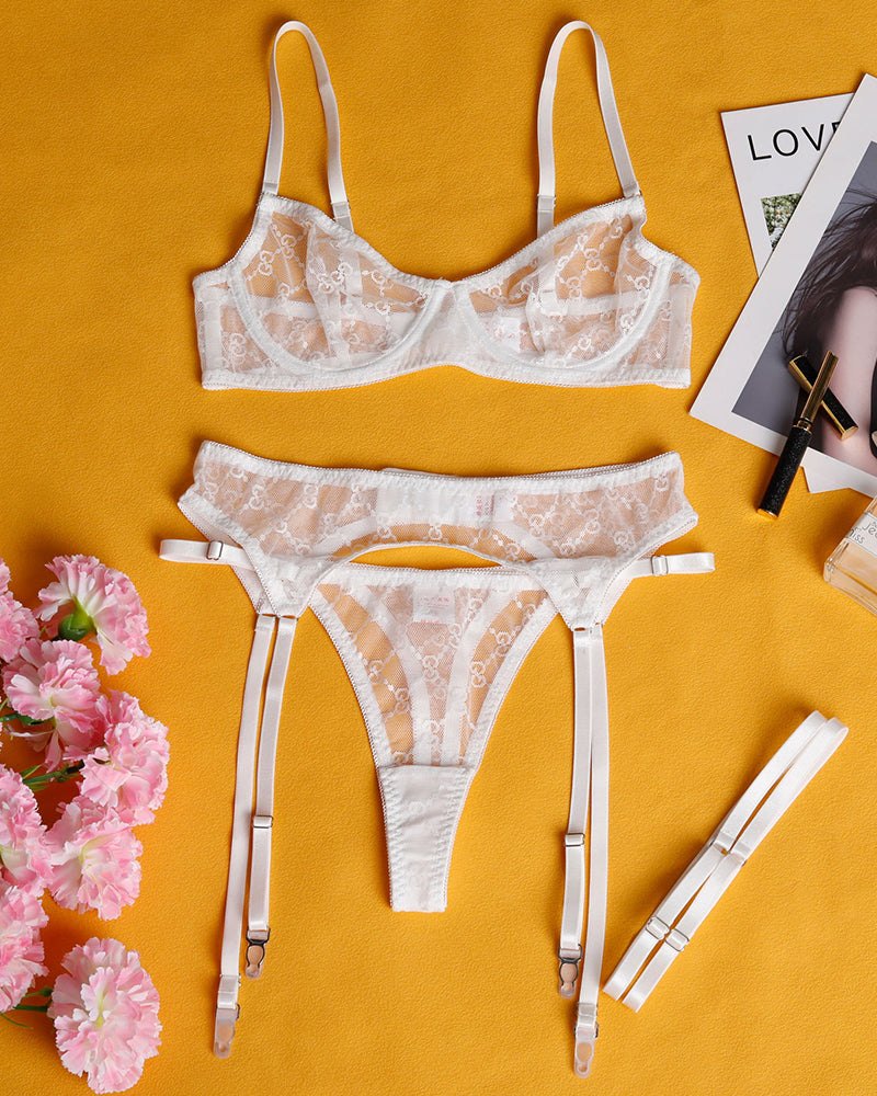 Chain Embroidery Sheer Garter Set - Garter Lingerie Set