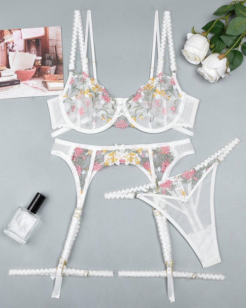 Floral Embroidery Lace Garter Set - Garter Lingerie Set