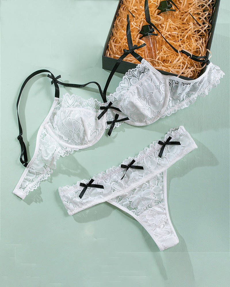White Lace Bow Bra Panty Set - Lingerie Set for Women