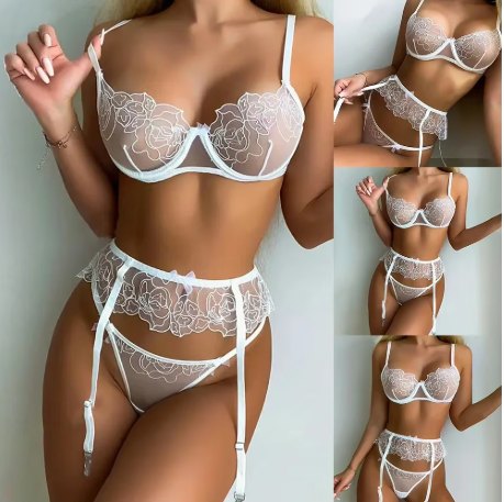 White Rose Embroidered Bra Set - Lingerie Set for Women
