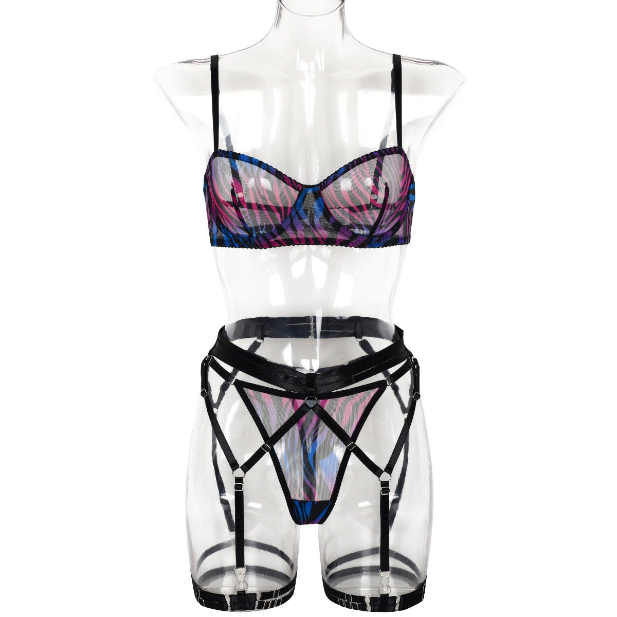 Gradient Zebra Cage Garter Set - Garter Lingerie Set