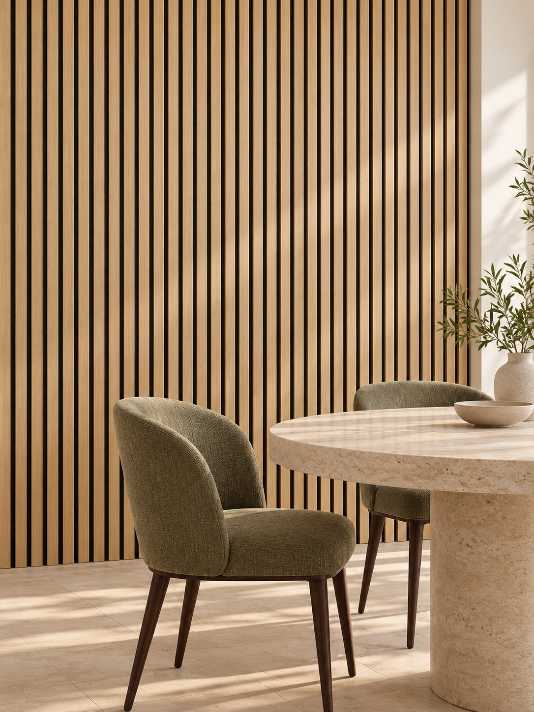 Light oak slat panels bringing warmth and texture to a contemporary dining room.