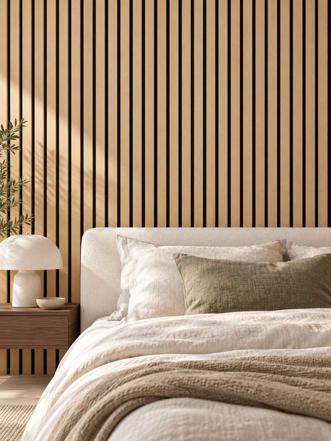 A calm bedroom with a light oak slat feature wall and neutral linen bedding.