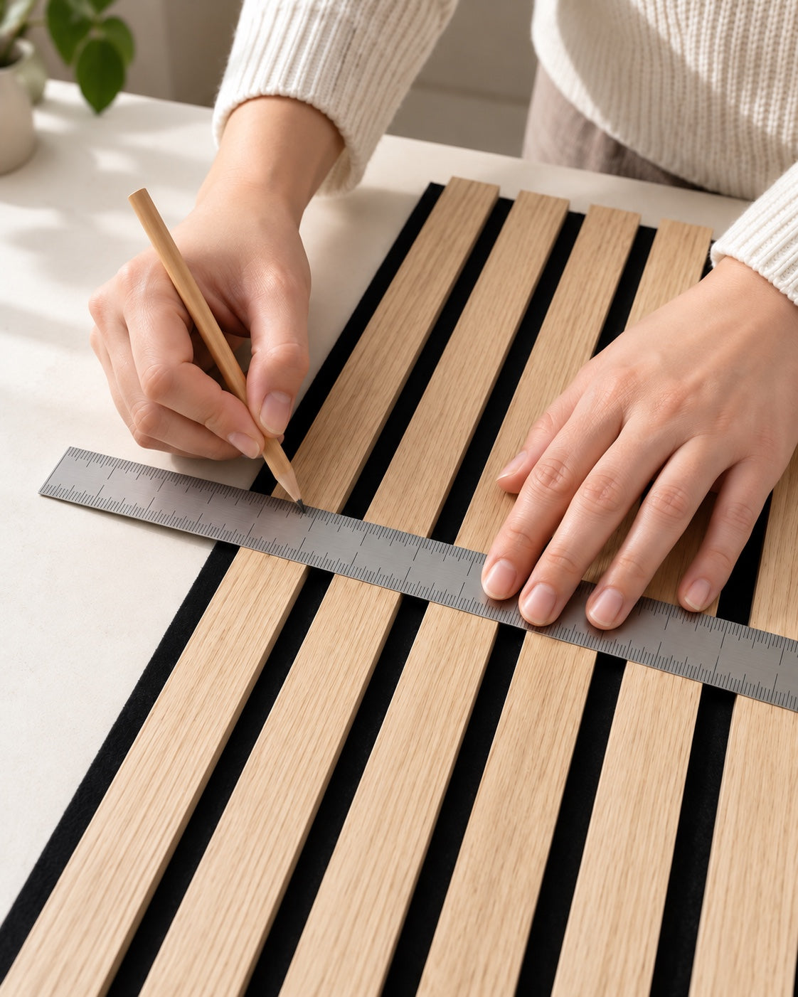 Hands measuring a light oak slat panel with a ruler and marking the planned cut with a pencil.
