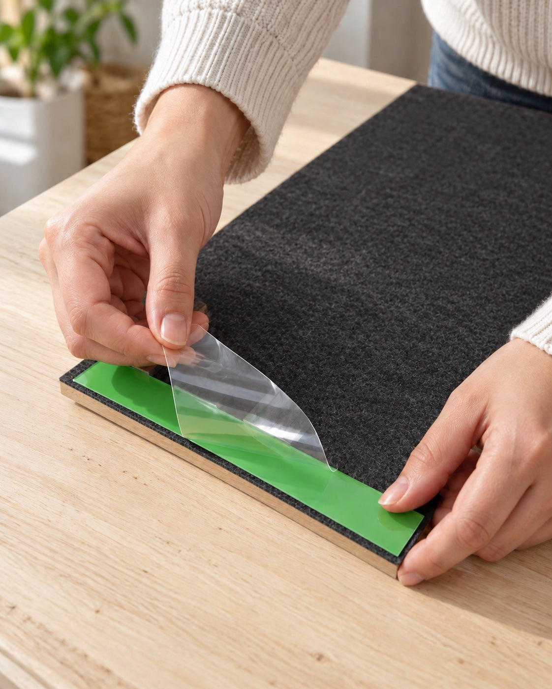 Hands peeling the release liner away from the backing of a light oak slat panel.