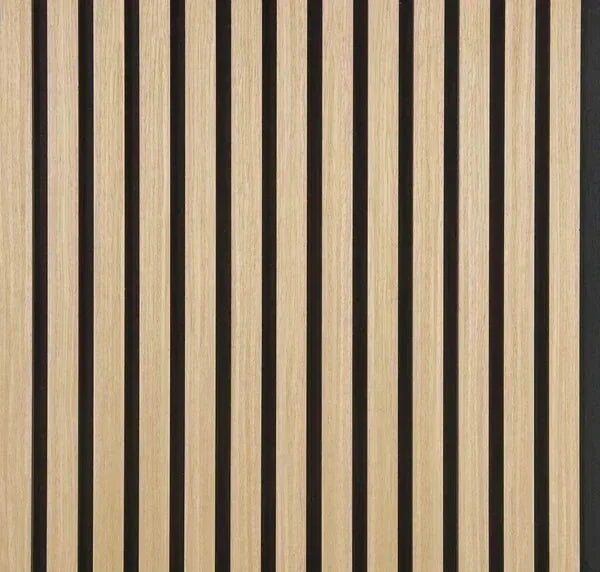 Close-up of oak veneer slats and the recessed dark felt backing.