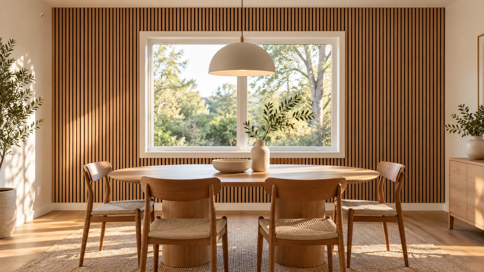 Ambiente com parede ripada de carvalho claro, mesa e cadeiras junto a uma janela iluminada.